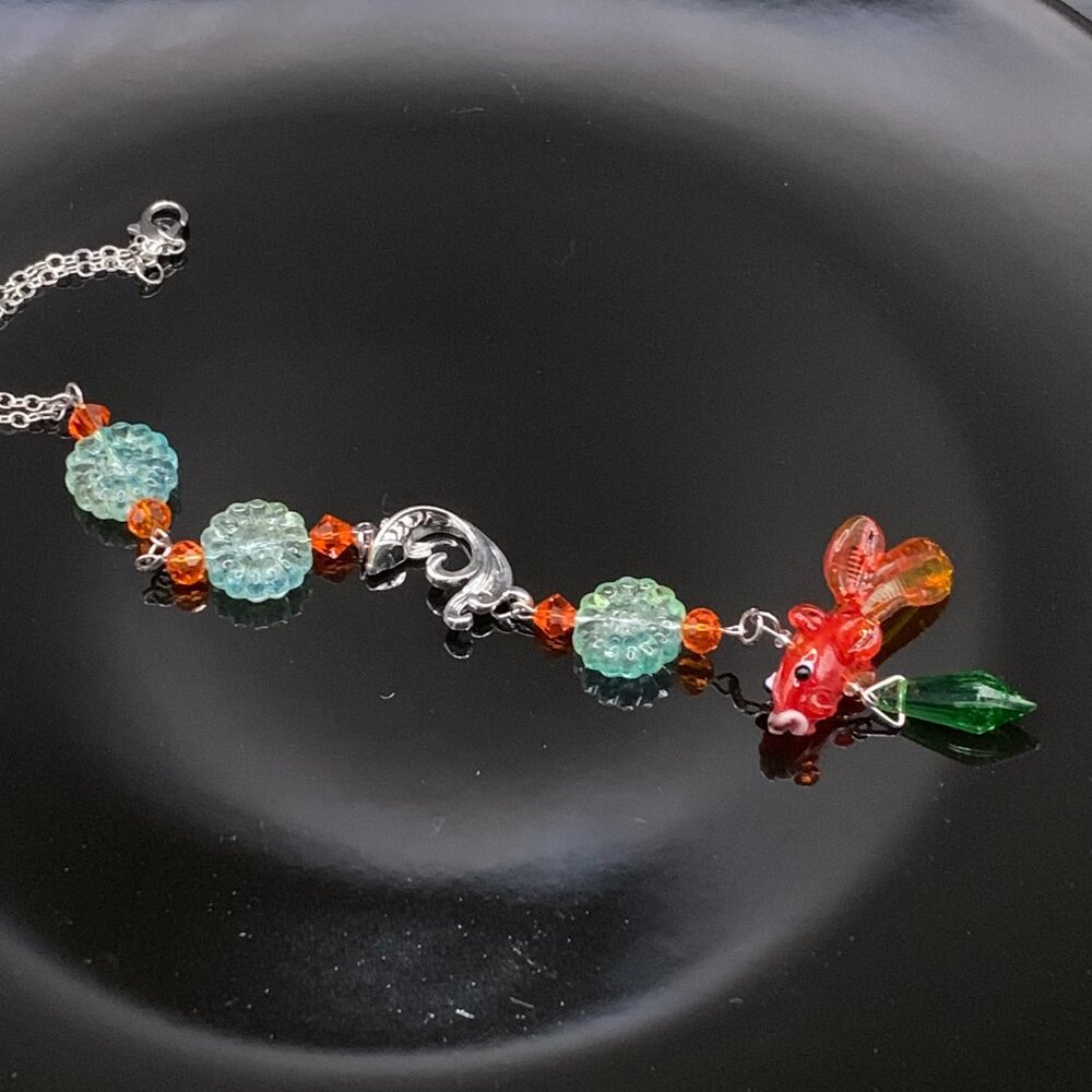 Gold Fish & Flowers Orange Green  Light Blue Glass Car Charm Suncatcher CC139